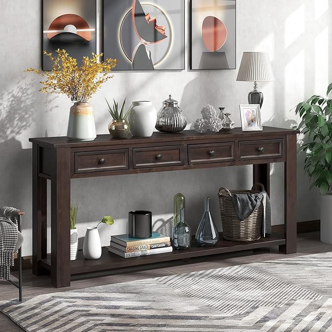 63" Solid Wood Console Table Sofa Table with Storage Drawers and Bottom Shelf,Farmhouse Entryway Table for Hallway Foyer,Sofa Couch Table,Fully Assembled (63" Espresso)-Ruum Studio Home