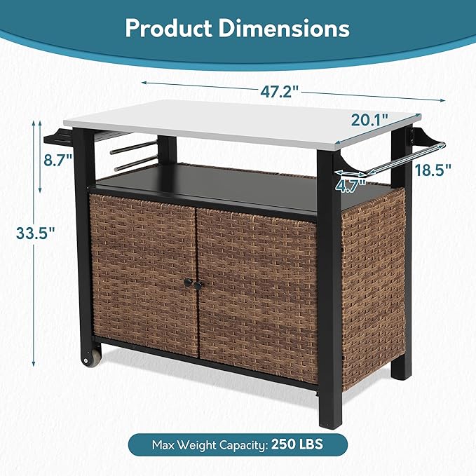 Grill Cart Outdoor with Wheels, Outdoor Prep Table with Wicker Storage and Rolling Wheels, Kitchen Island Serving Cart with Stainless Steel Table Top for BBQ, Porch, Patio, Brown-Ruum Studio Home