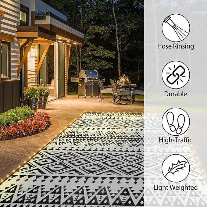 Outdoor Rug Mat with Led Strip Lights for Patio, 8x10ft Waterproof Reversible Plastic Straw Rugs, Camping Carpet Area Mats for RV, Porch, Deck, Backyard, Balcony, Camper, Black & White-Ruum Studio Home
