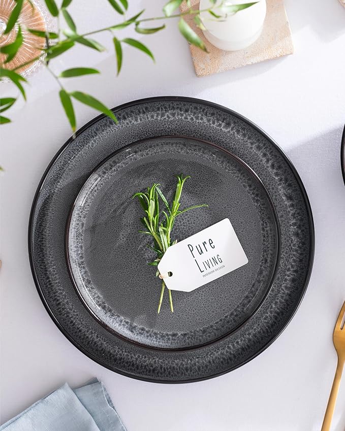 Stoneware dinnerware set 4 persons 16 pcs - Dishwasher, microwave and scratch resistant - Bowl and plate set 4 persons modern - Dinner service Pure Living black in gray…-Ruum Studio Home