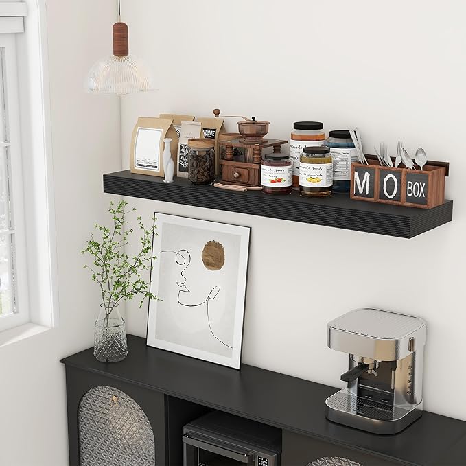 12'' Deep Floating Shelves, 48 Inch Large Floating Shelf Black, Deep Wall Shelves for Living Room Bathroom Laundry Room Bedroom Kitchen Home Office - Black-Ruum Studio Home