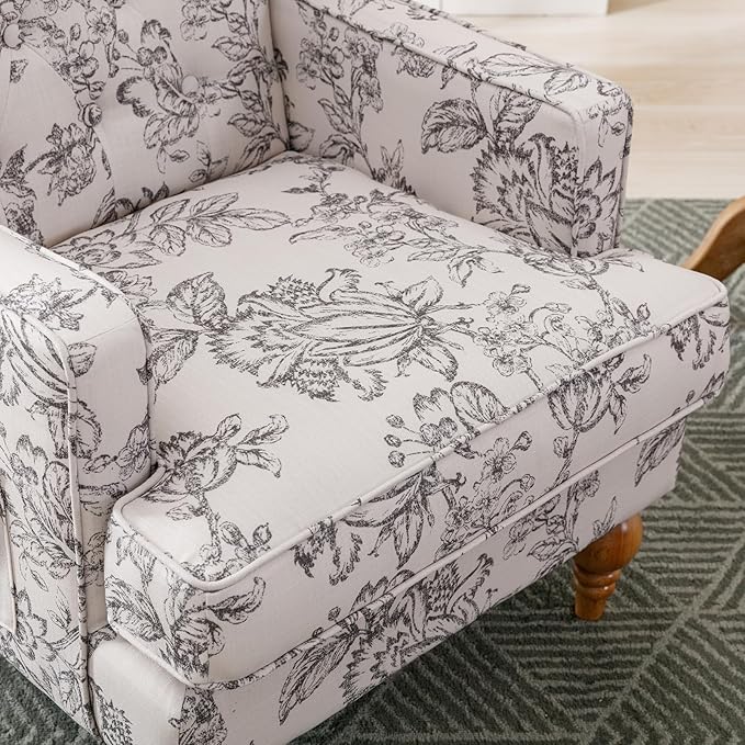 DUOMAY Tufted Accent Chair, Modern Linen Upholstered Wingback Side Arm Chair for Living Room Bedroom with Wood Legs, Comfy Reading Guest Chair for Office, Beige Flower Pattern-Ruum Studio Home