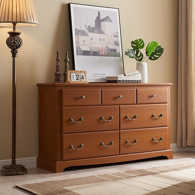 T4TREAM 7 Drawers Dresser Chests for Bedroom, Wood Vintage Chests of Drawers, Rustic Dressers Chset Organizer for Bedroom, Living Room, Hallway, Cherry-Ruum Studio Home