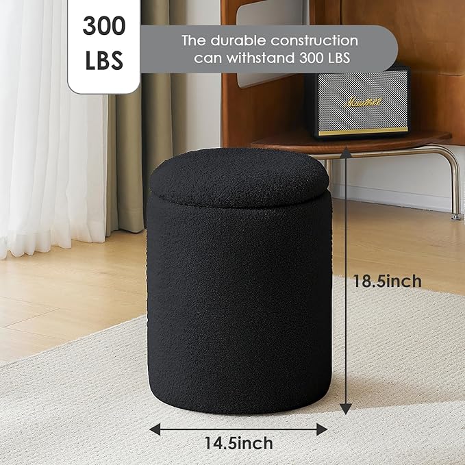 YFO Round Boucle Ottoman with Storage, Multifunctional Upholstered Vanity Chairs for Makeup, Soft Padded Seat with Removable Lid, Modern Rest Stool Seat for Living Room, Bedroom, Black-Ruum Studio Home