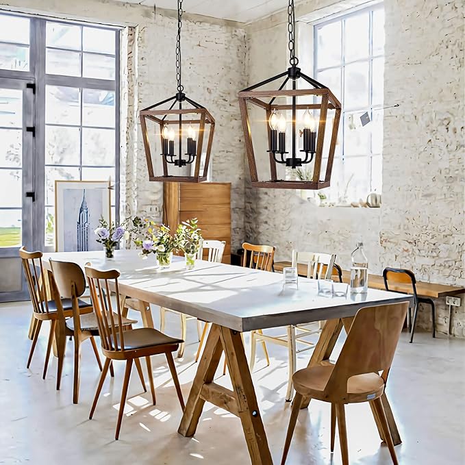 Farmhouse Chandelier Light Fixture for Kitchen Dining Room, 4-Light Rustic Pendant Hanging Ceiling Light Height Adjustable in Oak Wood Finish, Cage Lantern Lighting with E12 Base for Hallway Foyer-Ruum Studio Home