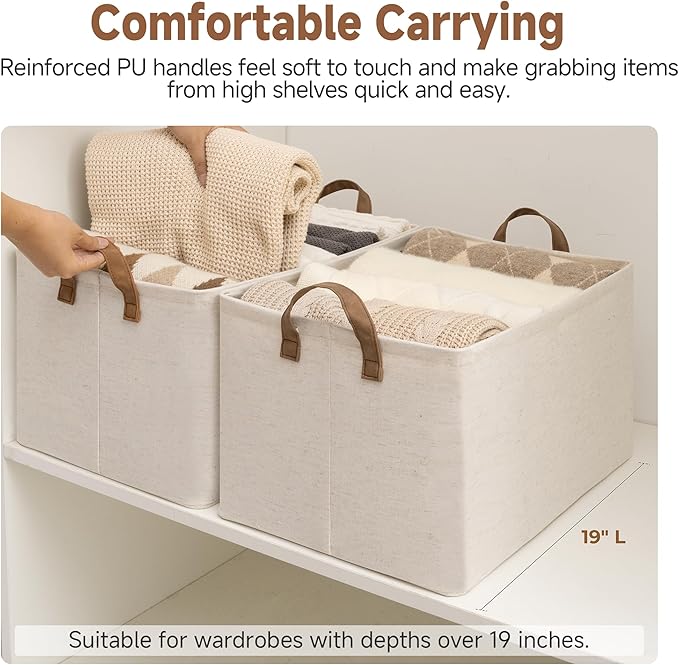 StorageWorks Storage Bins, Shelves Baskets for Organizing, 45L Extra Large Fabric Closet Organizers with Handles, Metal Frame, Beige（Cotton-linen）, 2-Pack-Ruum Studio Home