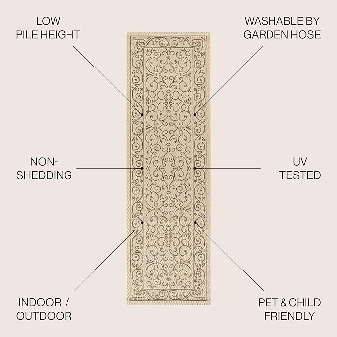 JONATHAN Y Vintage Filigree Indoor Outdoor Runner Rug 2X8 Beige/Brown, Charleston Textured Weave for Backyard, Patio, Porch, Easy-Cleaning, High Traffic, Pet-Friendly, Non-Shedding (SMB106A-28)-Ruum Studio Home