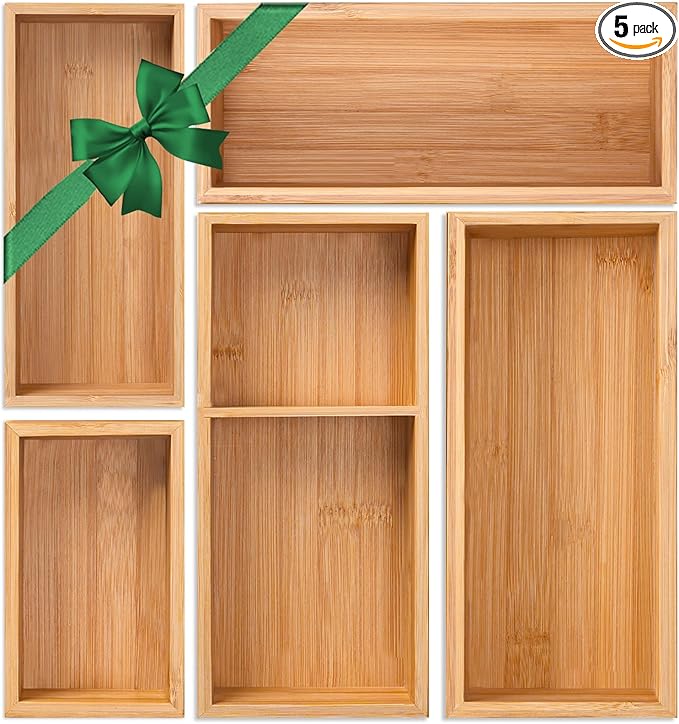 Bamboo Drawer Organizer 5 Pcs for Kitchen Multi-purpose Storage Dividers for Kitchen, Office, Jewelry, Cosmetics, Wooden Drawer Dividers for Drawer Organizer Desk Organizer Gift for Women Gifts Idea-Ruum Studio Home