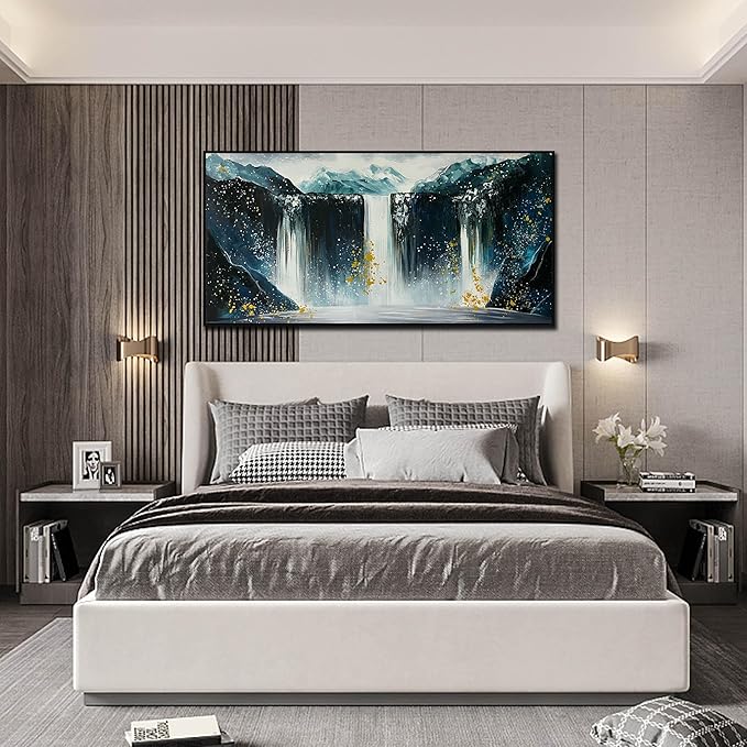 Waterfall Hand Painted Wall Art for Living Room - Mountains Wall Art for Office Decor - Landscape Big Wall Art for Living Room Size 29" x 59"-Ruum Studio Home