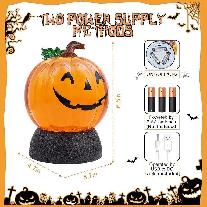 Halloween Snow Globe Lantern Pumpkin Lighted Halloween Snow Globes Battery Operated or USB Powered with 6H Timer Musical Snow Globe Glitter for Spooky Party Home Table Decorations (Pumpkin)-Ruum Studio Home