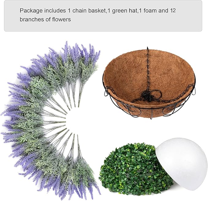 Artificial Hanging Flowers with Basket Fake Summer Lavender for Outdoor Decor, 12 Bundles Faux Purple Outside Decoration Realistic UV Resistant Plants for Porch Balcony Patio Garden Yard-Ruum Studio Home