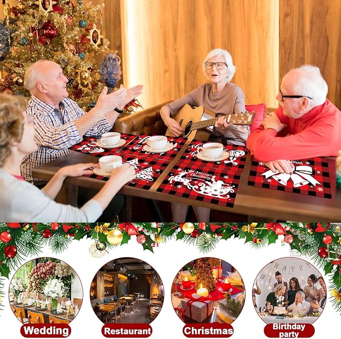 Christmas Placemats Set of 6 Red and Black Plaid Table Mats Plastic Xmas Recyclable Place Mats Washable Holiday Table Decoration for Indoor Outdoor Christmas Party Kitchen Dining-Ruum Studio Home