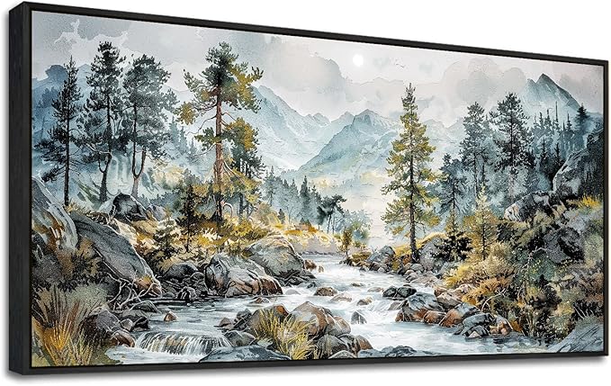 PHAOHUAXM Large Canvas Printing Artworks Wall Art For Bedroom Wall Decor For Living Room Office Home Decor Rivulet View Painting Forest Tree Landscape Watercolour Pictures Black Framed 30x60 In-Ruum Studio Home
