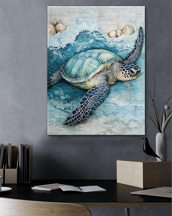 Coastal Sea Turtle Canvas Wall Art Turtle Nautical Ocean Theme Print Poster Framed Picture Painting for Home Beach House Bedroom Wall Decor 11x15 Inch-Ruum Studio Home