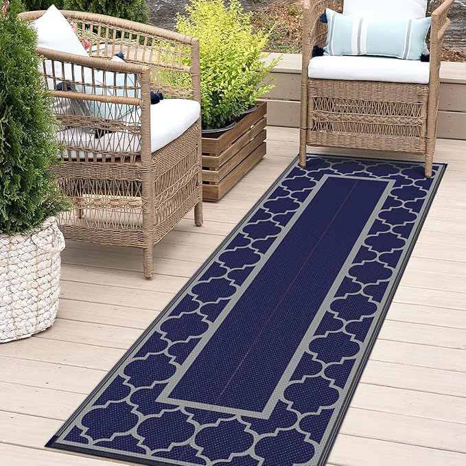 GENIMO 2.5 ' x 8 ' Outdoor Rug for Porch Patio Clearance, Waterproof Indoor Outdoor Plastic Straw Rugs Carpet, Reversible Outside Area Rv Mat for Camping, Balcony, Deck, Picnic, Beach (Blue & Gray)-Ruum Studio Home