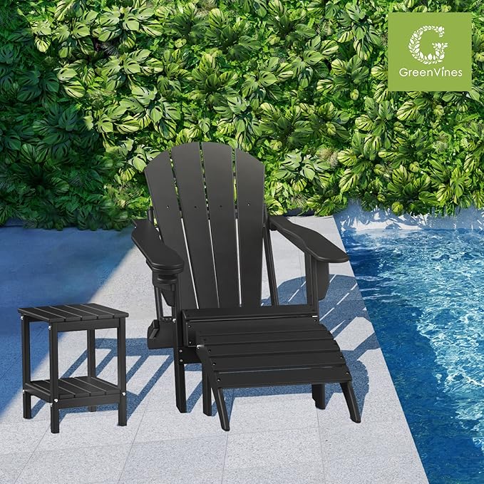 GREENVINES Adirondack-Ottoman | Set of 2 | HDPE Plastic | Outdoor Footrest | All Weather | Foot Rest | Foot Stool | Black | for Adirondack Chair | for Patio Backyard Pool-Ruum Studio Home