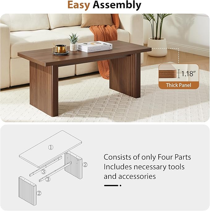 Rectangular Fluted Coffee Table, Farmhouse Wood Coffee Table Mid Century Modern Center Table Boho Living Room Tables for Living Room Office (Walnut, 19.69" D x 43.3" W x 17.72" H)-Ruum Studio Home