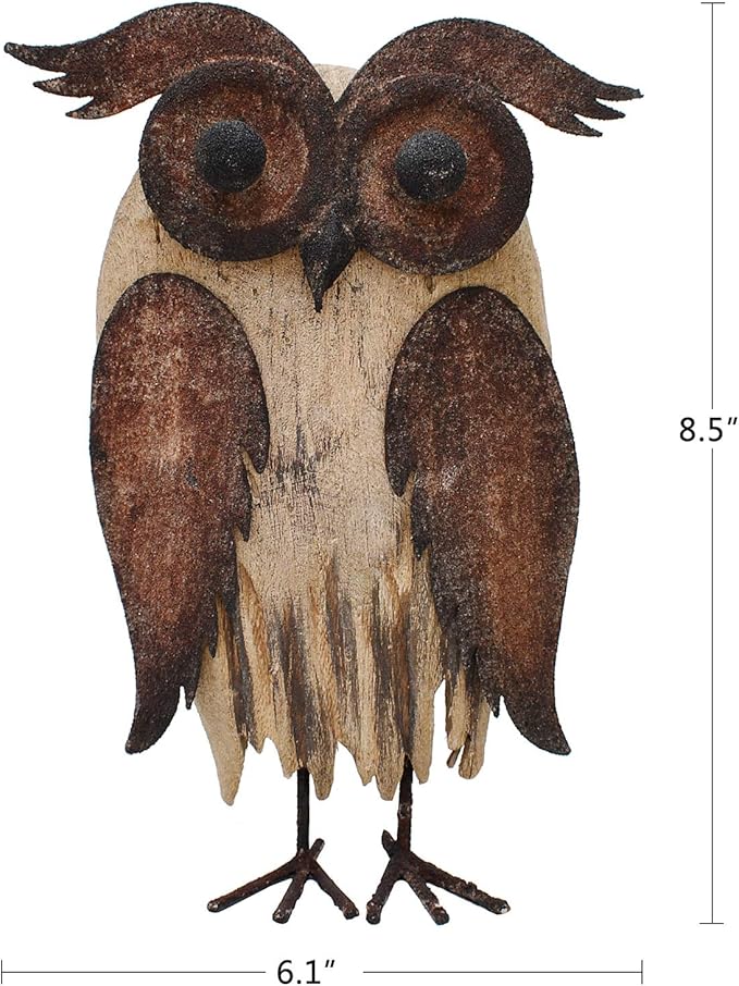 E-View Rustic Owl Figurine - Wood & Iron - Collectible - Home Decor - Brown-Ruum Studio Home