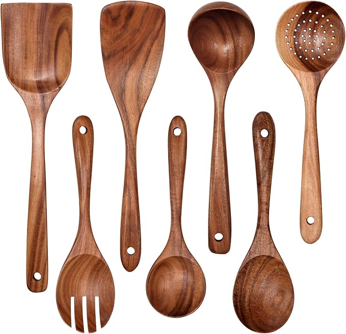 Wooden Non-Stick Kitchen Pan Toolset 7 Pieces Set,100% Natural Teak Kitchen Utensils Spatula, Wooden Cooking Utensils Spoons, Fried Spatula and Salad Fork-Ruum Studio Home