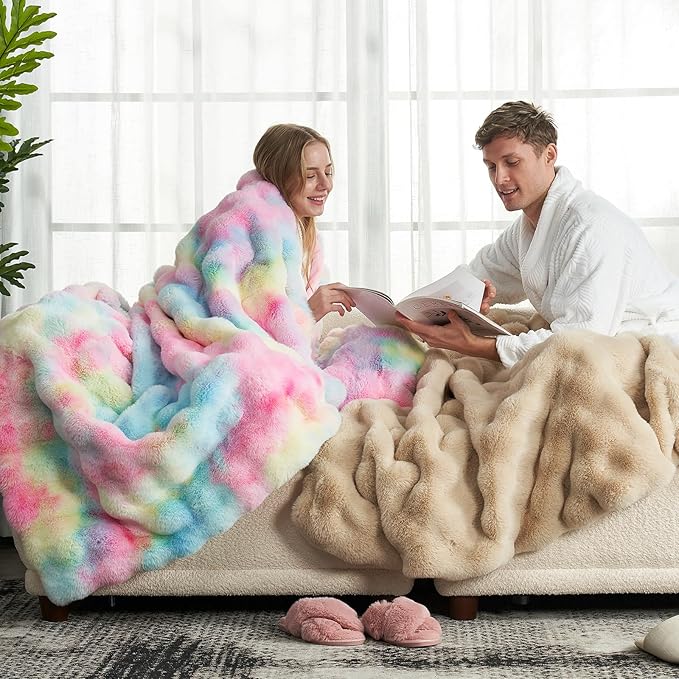 Cozy Bliss Faux Fur Throw Blanket for Couch, Fuzzy Soft Plush Thick Bubble Blanket for Sofa Bedroom Living Room,50 * 60 Inches Tie-dye Rainbow-Ruum Studio Home