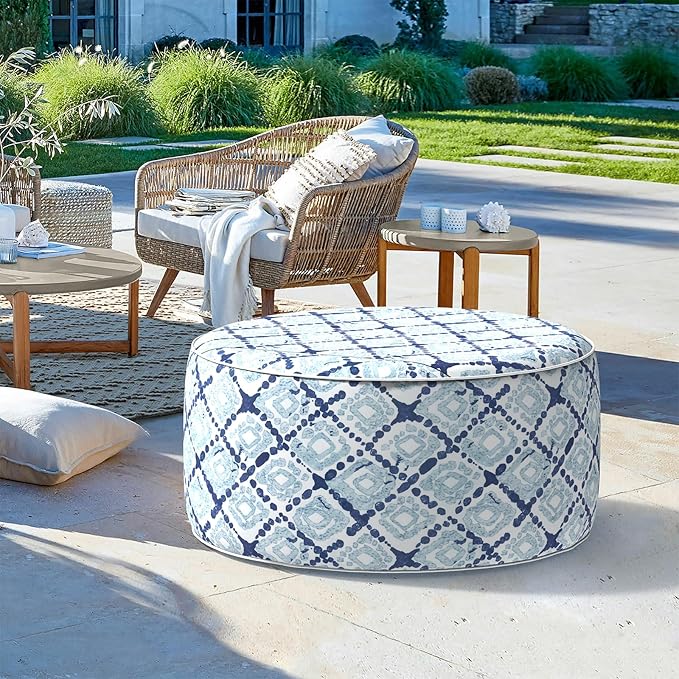 LVTXIII Outdoor Inflatable Ottoman, Fade-Resistant Round Footrest Stool D31”x H14”, Portable Patio Pouf for Garden Camping or Home Use, Boho Geometry Blue-Ruum Studio Home