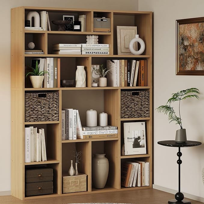 71" Tall 6-Tier Heavy Duty Bookcase with 2 Foldable Storage Baskets, 55" Wide Open Bookshelf with 16 Irregular Cubes for Living Room, Office （Yellow）-Ruum Studio Home