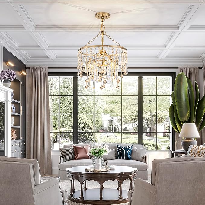 3-Lights K9 Crystal Chandeliers, Luxury Vintage Pendant Light Fixture for Dining Room, Living Room, D15*H20.4~66.8 inch (Adjustable), Clear Crystal & Gold Finish-Ruum Studio Home
