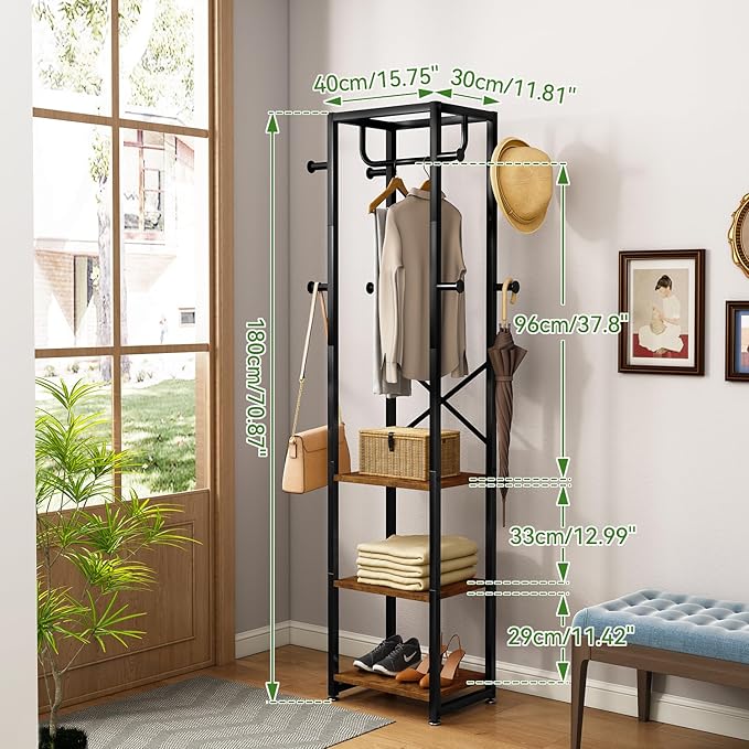 IBUYKE Coat Rack with Shelves, Freestanding Hall Tree with 3 Shelves and 8 Hooks, Industrial Clothes Stand for Entryway, Hallway, Bedroom, Rustic Brown UTMJ088H-Ruum Studio Home