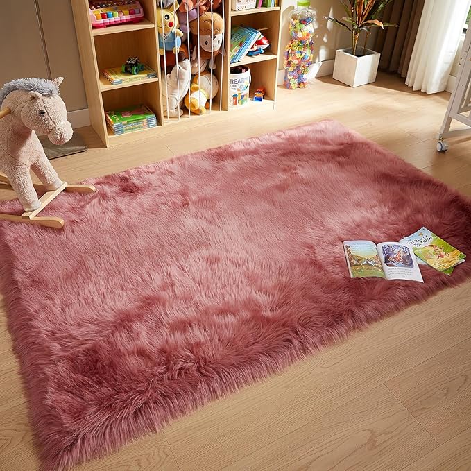 AMTOVO Faux Fur Sheepskin Rug for Living Room, 4 x 6 ft Blush Pink Fluffy Area Rug for Bedroom, Playroom, Luxury Room Decor, Rectangle-Ruum Studio Home