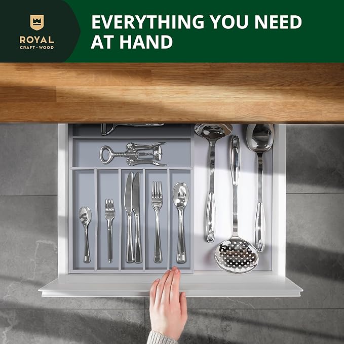 ROYAL CRAFT WOOD Luxury Bamboo Kitchen Drawer Organizer - Silverware Organizer - Utensil Holder and Cutlery Tray with Grooved Drawer Dividers for Flatware and Kitchen Utensils (7 Slot, Gray)-Ruum Studio Home