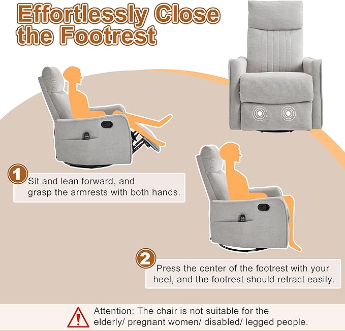 Manual Swivel Rocker Recliner Chair for Adults, Overstuffed Reclining Glider Chair for Nursing with Vibration Massage & Heat, Living Room Rocking Recliner 2-Stage backrest, Chenille Fabric Light Gray-Ruum Studio Home