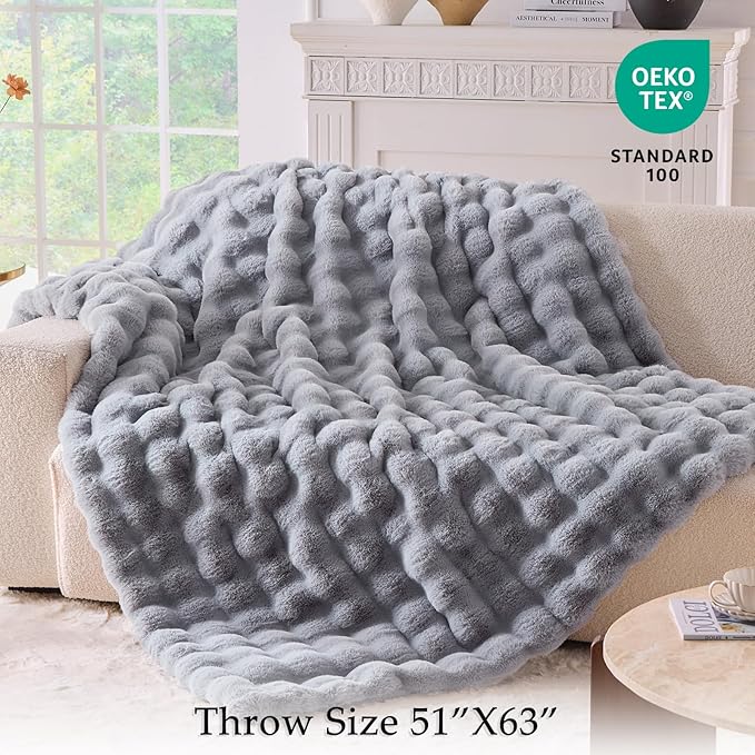 BENVWE Fluffy Faux Fur Throw Blanket for Couch, Soft Plush Thick Cozy Fuzzy Luxury Minky Bubble Blanket for Home Living Room Decor Gift for Women, Light Grey, 51" x 63", 1100GSM-Ruum Studio Home