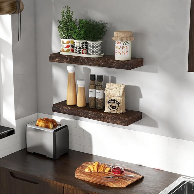 24" Floating Shelves, Live Edge Solid Elm Wood Floating Shelf, Wall Mounted Display Shelves with Heavy-Duty Bracket for Books, Rustic Wooden Shelf for Kitchen, Bathroom, Walnut Color, Set of 2-Ruum Studio Home