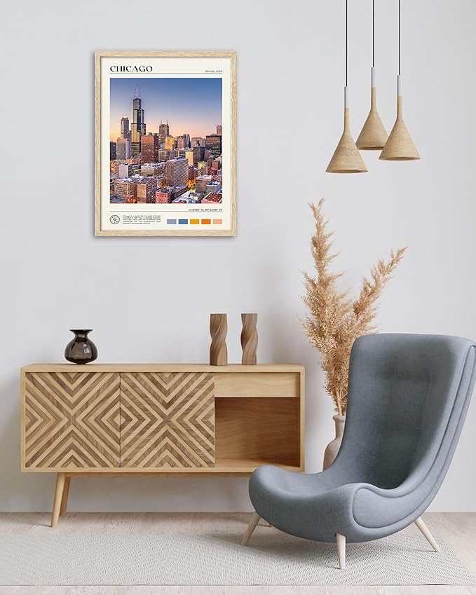 HesenDot Natural OAK Wood Chicago Cityscape Framed Wall Art,12x16in City Skyline Canvas Wall Print,Modern Urban Landmark Wall Decor for Living Room,Bedroom,Office Gallery Gifts Set of 1-Ruum Studio Home