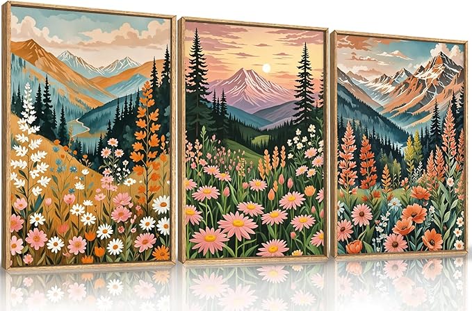 HPINUB Mountain Sunset Floral Framed Canvas Wall Art Set,Colorful Wildflower Daisy Flower Wall Decor,Boho Blossom Botanical Artwork Modern Nature Landscape Art Print for Living Room,Bedroom-24 x36 x3-Ruum Studio Home