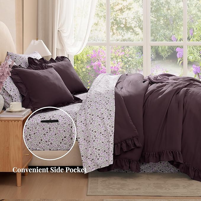 Queen Comforter Set - 7 Pieces Ruffle Purple Bedding Sets, Shabby Chic Farmhouse Bed in a Bag Queen with Ruffle Comforter, Floral Sheets, Pillowcases & Shams-Ruum Studio Home