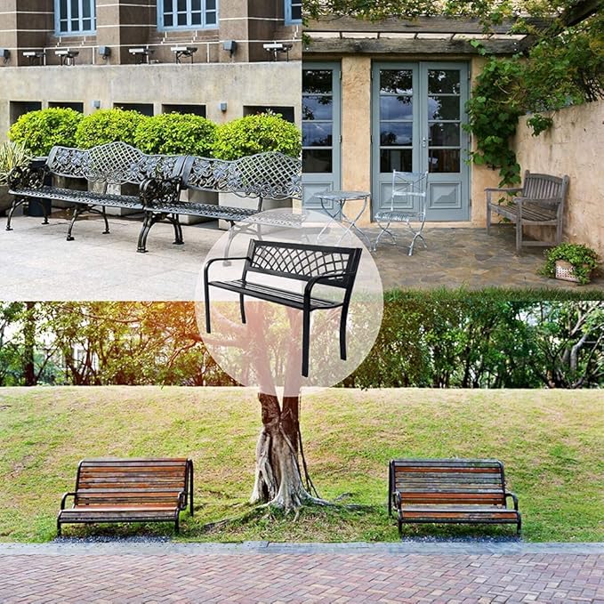 Garden Bench,Outdoor Benches,Iron Steel Frame Patio Bench with Mesh Pattern and Plastic Backrest Armrests for Lawn Yard Porch Work Entryway,Black-Ruum Studio Home