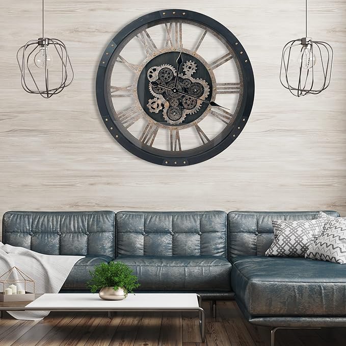 DORBOKER 24" Large Wall Clock with Moving Gears,Oversize Vintage Industrial Rustic Farmhouse Clocks for Living Room Decor Office Home,Solid Wood HD Tempered Glass Cover,Vintage Black-Ruum Studio Home