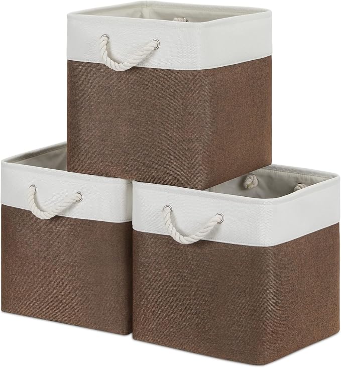 Bidtakay Collapsible Rustic Cube Storage - Brown Cloth Baskets with Handles, 13x13x13 Inch, Set of 3 Fabric Storage Bins-Ruum Studio Home
