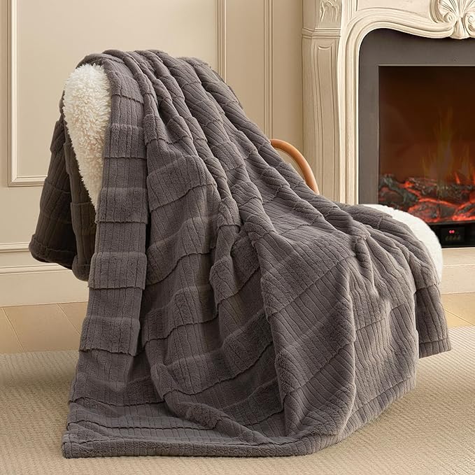 Amélie Home Luxury Striped Faux Fur Throw Blanket for Couch, Embossed Split Fur Cozy Fuzzy Fluffy Luxurious Soft Plush Sofa Chair Bed Gift Blankets for Women Men Wife Friend, 60"x80", Charcoal Gray-Ruum Studio Home