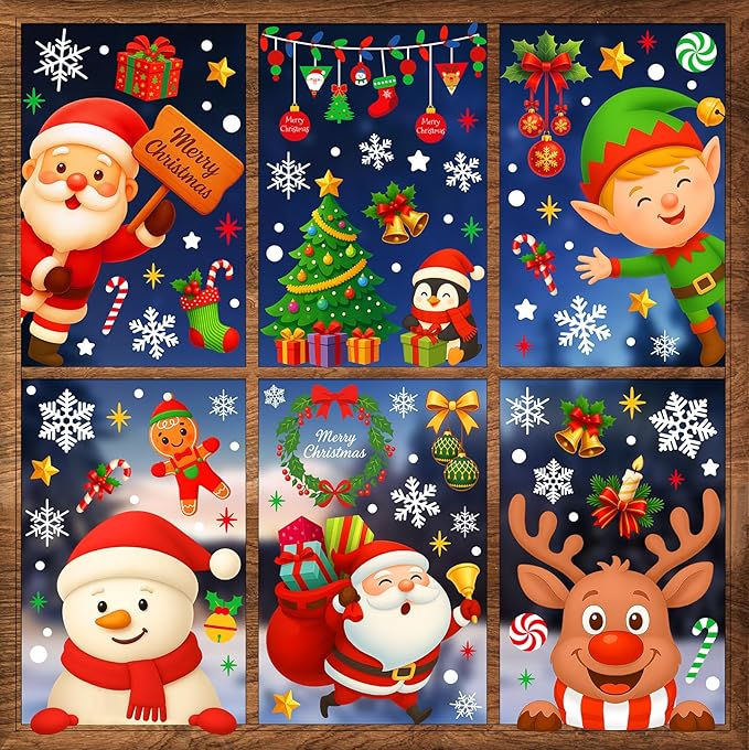 Christmas Window Clings - 9 Sheets 162 Pcs Cute Xmas Decorations for Winter Holiday Home Party Santa Reindeer Snowman Gingerbread Snowflake Stickers for Glass Double-Sided Static Window Decals-Ruum Studio Home