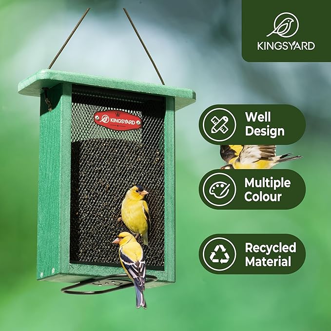 Kingsyard Metal Mesh Bird Feeder for Outdoors Hanging, Finch Feeder for Nyjer/Thistle, Sliding Mesh & Built-in Perch, Recycled Plastic, Green-Ruum Studio Home