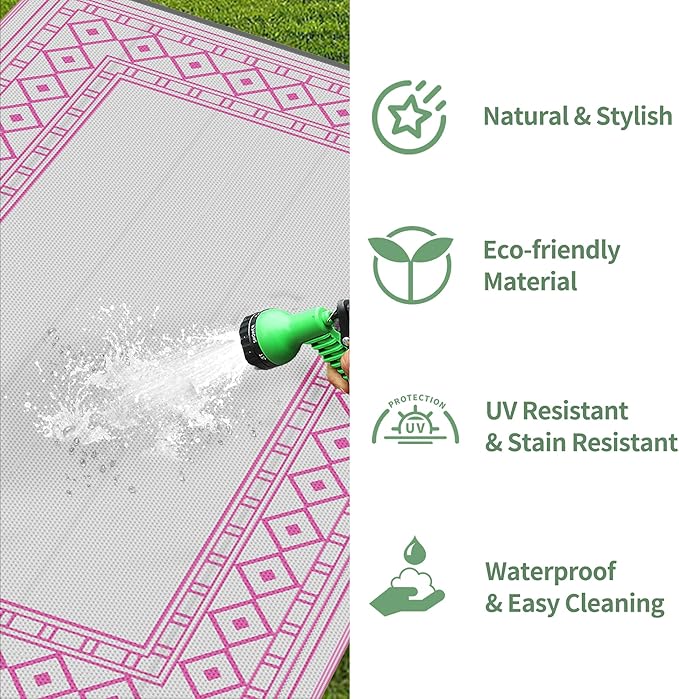 GENIMO Outdoor Rug Waterproof 6'x9' for Patio, Foldable Reversible Plastic Straw Carpet for Travel Trailers, Outside Area Mat for Rv, Deck, Picnic, Porch, Camper, Balcony, Beach, Pink & Grey-Ruum Studio Home