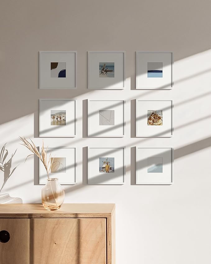 HAUS AND HUES 8x8 White Metal Picture Frames Matted to 4x4 - Features Premium Aluminum & Hanging Hardware, Shatterproof Plexiglass - Ideal for Home, Room, Office (8x8 in, White, Set of 9)-Ruum Studio Home