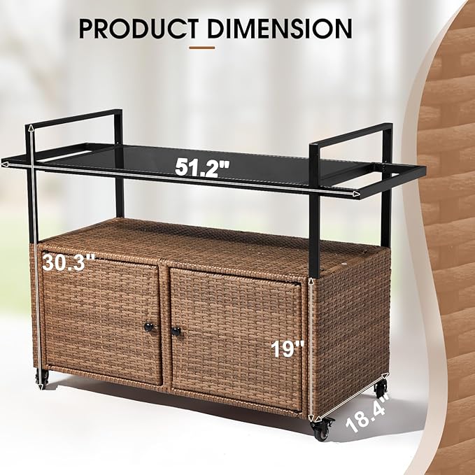 VINGLI Wicker Outdoor Bar Cart with Storage and Wheels, Outdoor Bar Table Serving Cart Rattan Bar Cart with Glass Top and Shelf for Pool, Party, Backyard, Porch (Brown)-Ruum Studio Home