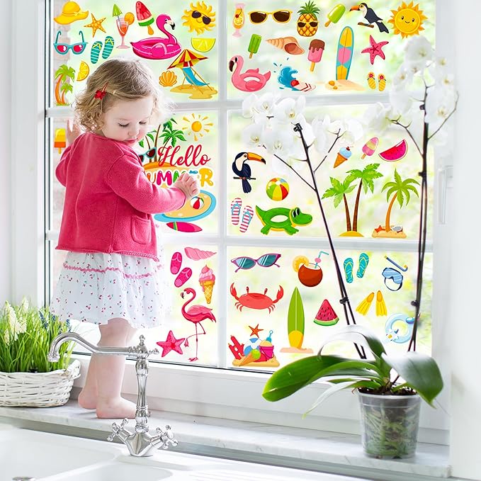 9 Sheets Summer Window Clings, Double Sided Summer Window Clings for Glass Windows, Hello Beach Decals, Sun Watermelon Pattern Stickers for Home Office Accessories Decorations-Ruum Studio Home