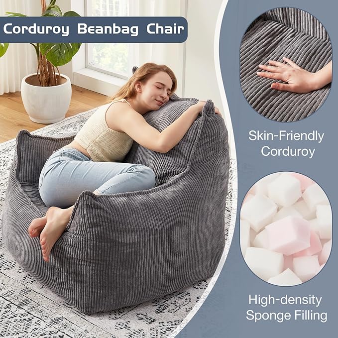 Giant Bean Bag Chair Sofa for Adults Teens, Comfy Corduroy Large Bean Bag Chairs with Armrests for Bedroom Living Room, Adult BeanBag Lazy Sofa Couch Chairs with Filler Included-Ruum Studio Home