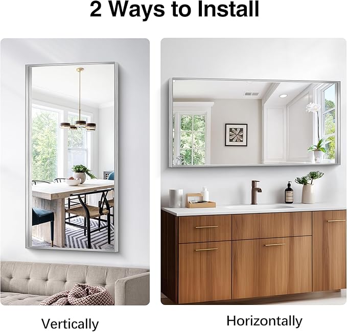 Silver Bathroom Mirror, 24x48 Inch Rectangular Framed Mirror, Large Wall Mounted Bathroom Vanity Mirror Over Sink for Bedroom,Restroom, Living Room, Hangs Vertically or Horizontally-Ruum Studio Home