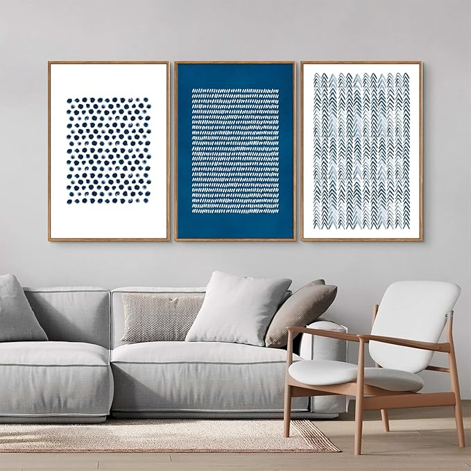 Tinonedraw Navy Blue White Framed Canvas Wall Art Set, Modern Geometric Dots Line Wall Decor, Neutral Abstract Shape Artwork, Cozy Contemporary Art Prints for Bedroom Living Room Office 16"x24"x3-Ruum Studio Home