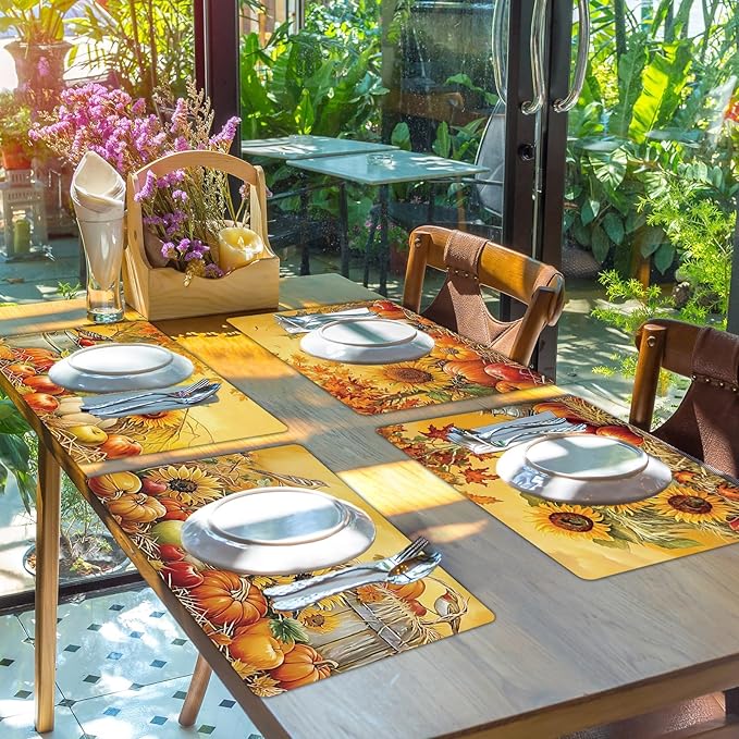 Fall Placemats Set of 6 Thanksgiving Pumpkin Plastic Table Mats Farmhouse Rustic Fall Autumn Place Mats Washable Vinyl Rustic Holiday Table Decoration for Indoor Outdoor Party Kitchen Dining-Ruum Studio Home